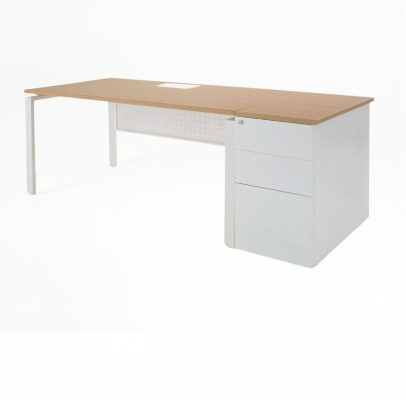 Mesa de escritorio OPTIMUM con Top Access, tablero haya, patas en U y cajonera metálica blancas, con faldón